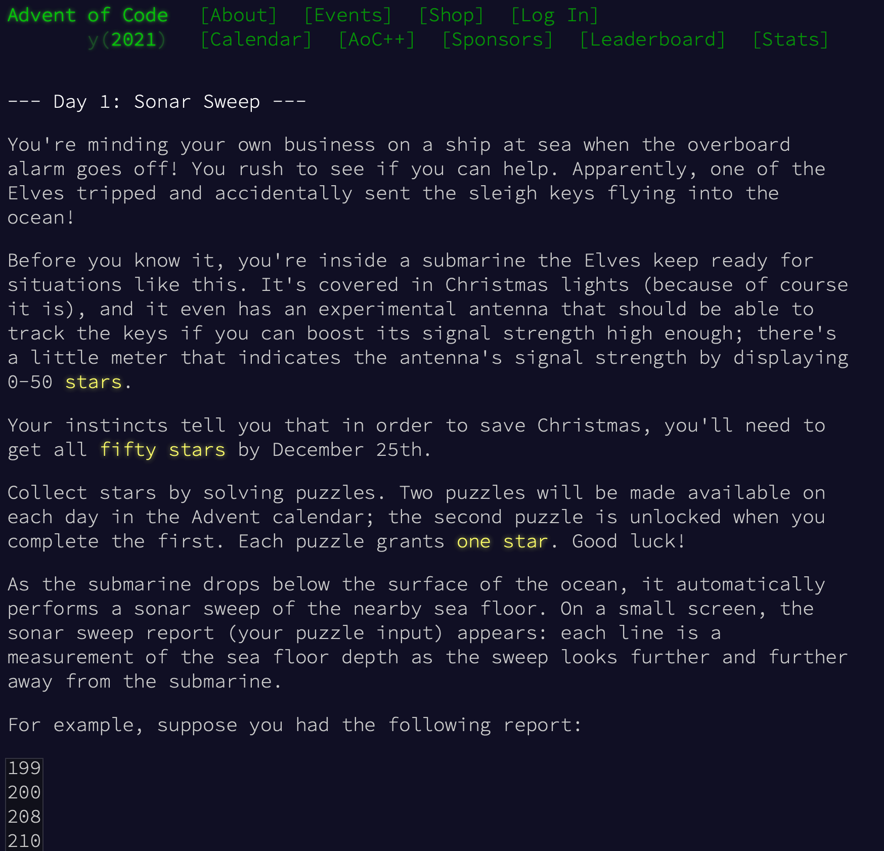 Screenshot of problem 1, Advent of Code 2021